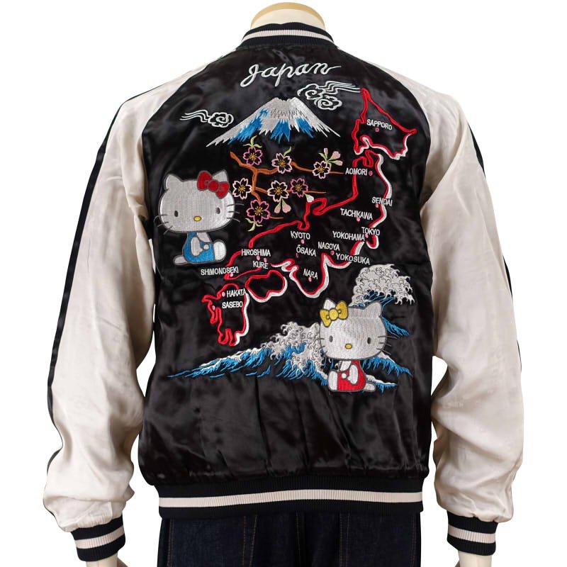 hKSJ-510 ハローキティとハローミミィと日本地図刺繍ジャガード袖スカジャン
