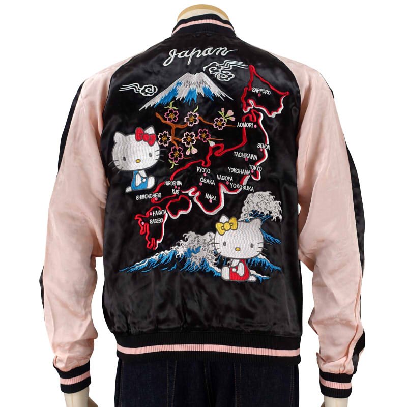 hKSJ-510 ハローキティとハローミミィと日本地図刺繍ジャガード袖スカジャン
