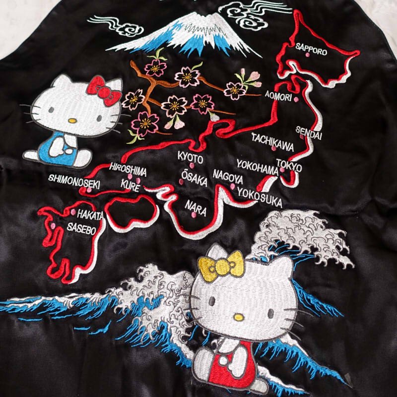 hKSJ-510 ハローキティとハローミミィと日本地図刺繍ジャガード袖スカジャン